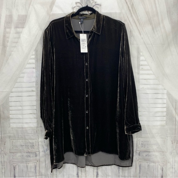 NEW Eileen Fisher Medium Long Sleeve Velvet Shirt Woodland Green Button High Low - Picture 8 of 14